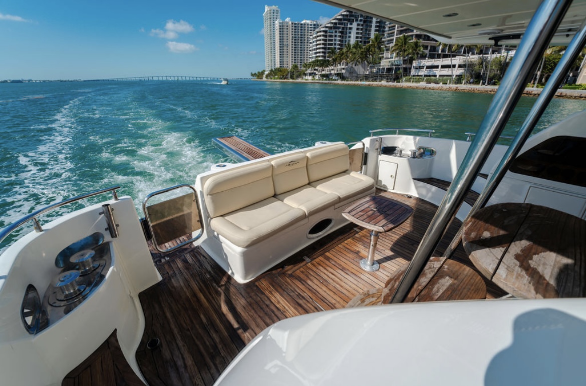 Flybridge view over the wake toward Key Biscayne